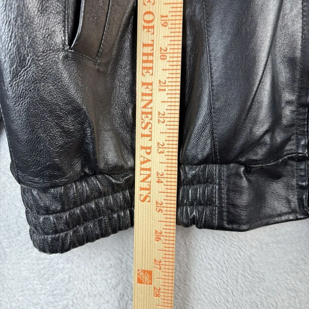 Vtg Leather Bomber Jacket Mens Medium Black USA Flag Biker Grunge Flight 80s 90s - Picture 10 of 14